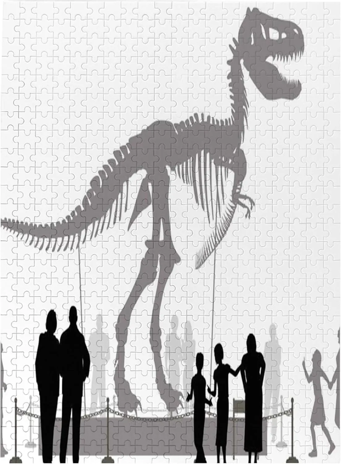 Dinosaur Print,Wooden Jigsaw Puzzle Featuring a Colorful Illustration,Dinosaur Skeleton in A Museum,Thick Sturdy Pieces,Great Gift Idea,Black White Plastic Box Storage 500PCS