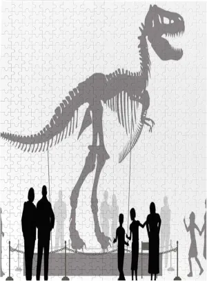 Dinosaur Print,Wooden Jigsaw Puzzle Featuring a Colorful Illustration,Dinosaur Skeleton in A Museum,Thick Sturdy Pieces,Great Gift Idea,Black White Plastic Box Storage 500PCS