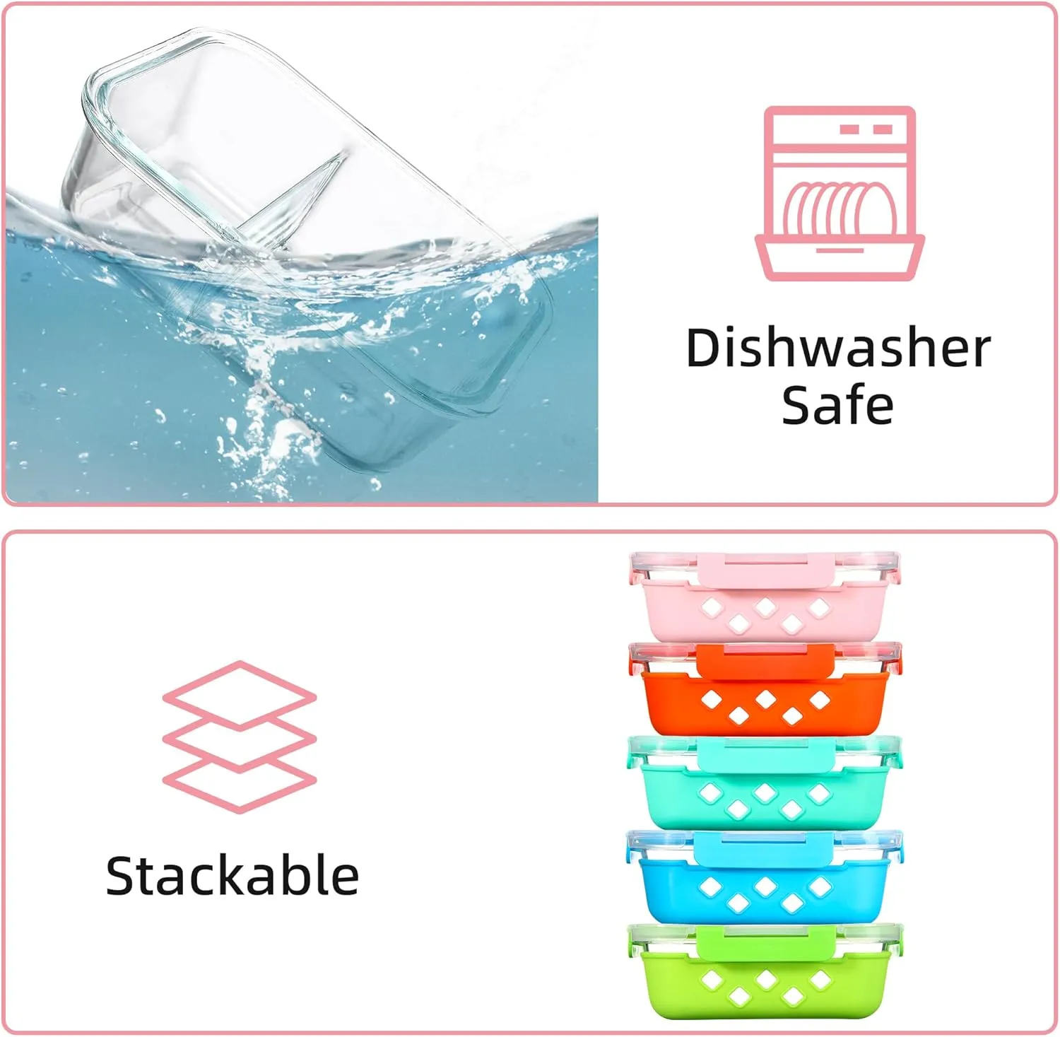 Divided Glass Storage Containers with Silicone Sleeve for Lunch, Glass Meal Prep Containers 2 Compartment with Lids (5 Pack, 34oz), Leak-Proof Portion Control Food Containers, Dishwasher Safe