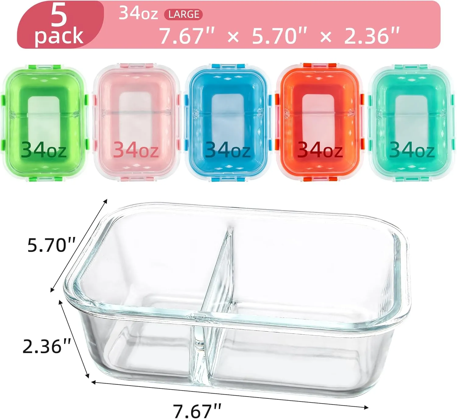 Divided Glass Storage Containers with Silicone Sleeve for Lunch, Glass Meal Prep Containers 2 Compartment with Lids (5 Pack, 34oz), Leak-Proof Portion Control Food Containers, Dishwasher Safe