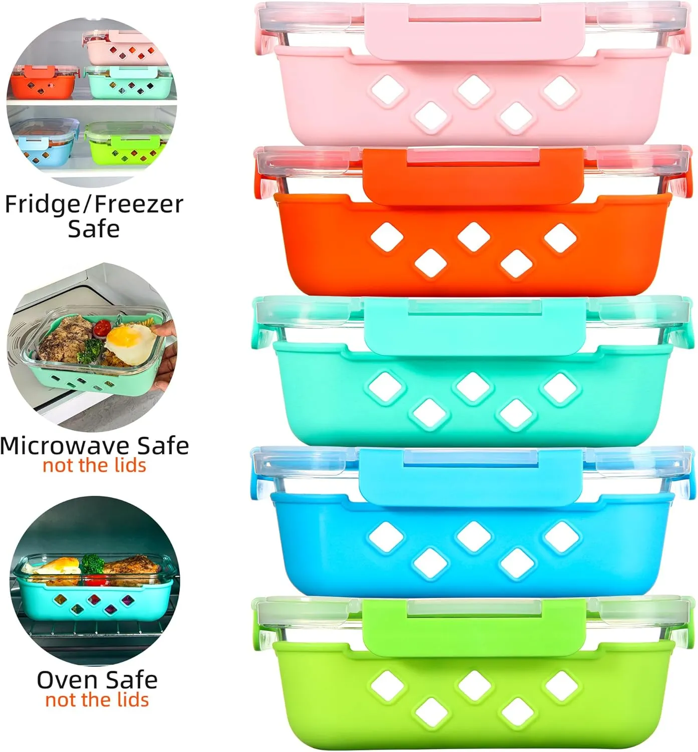 Divided Glass Storage Containers with Silicone Sleeve for Lunch, Glass Meal Prep Containers 2 Compartment with Lids (5 Pack, 34oz), Leak-Proof Portion Control Food Containers, Dishwasher Safe