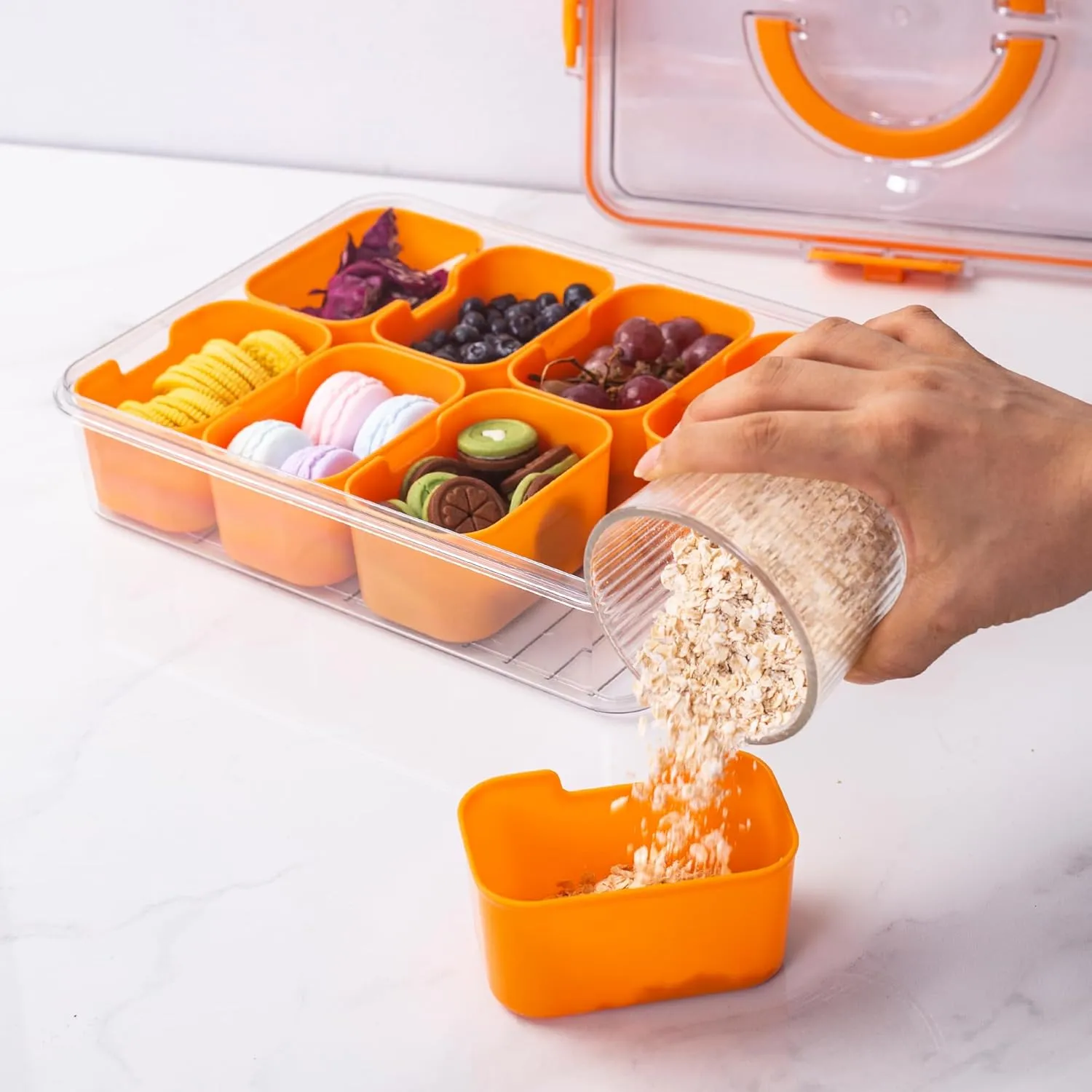 Divided Snack Serving Tray with Lid and Handle Travel Snackle Charcuterie Container Portable Storage Organizer for Candy, Fruits, Nuts, Snacks, Party, Picnic (1pack, Orange)