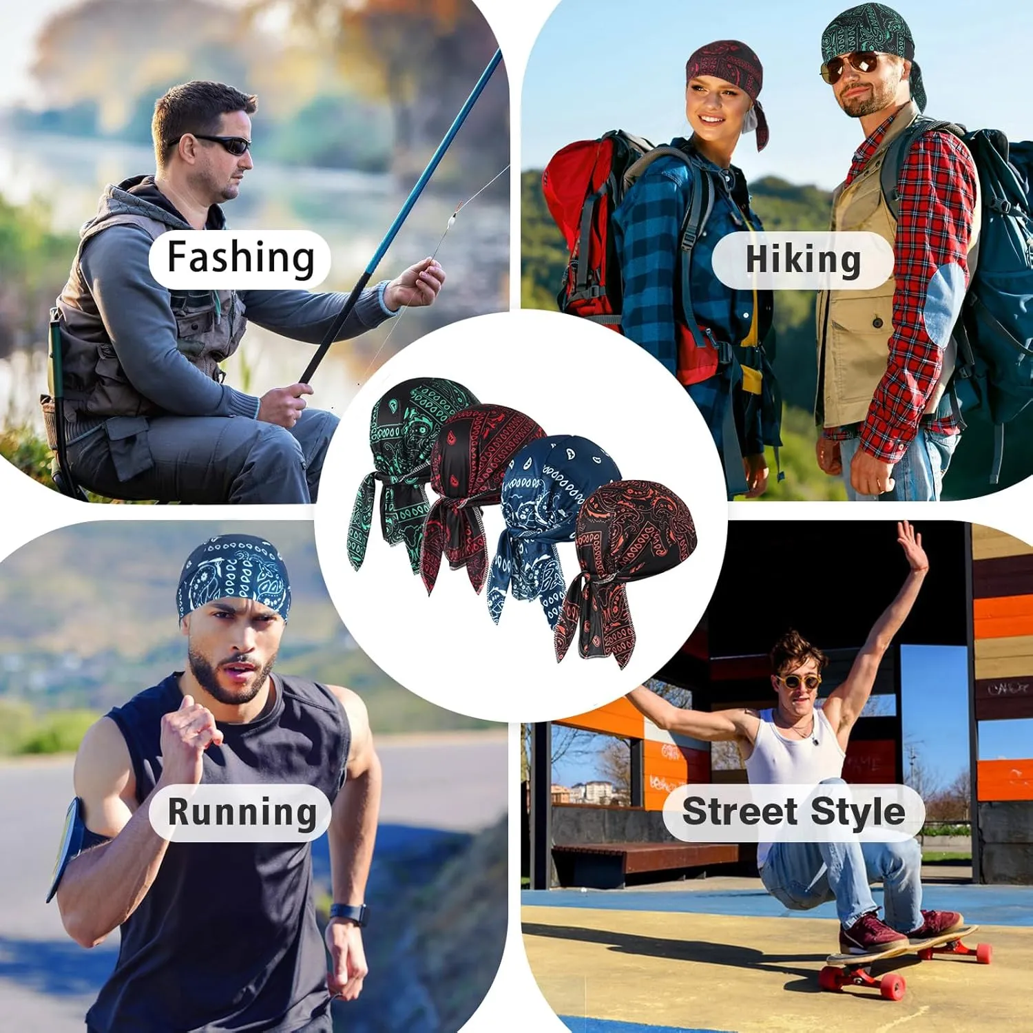 DOCILA 4 Pcs Do Rags Skull Caps for Men Fashion Sweat Wicking Helmet Liner Beanie Breathable Motorcycle Cycling Sports Cap