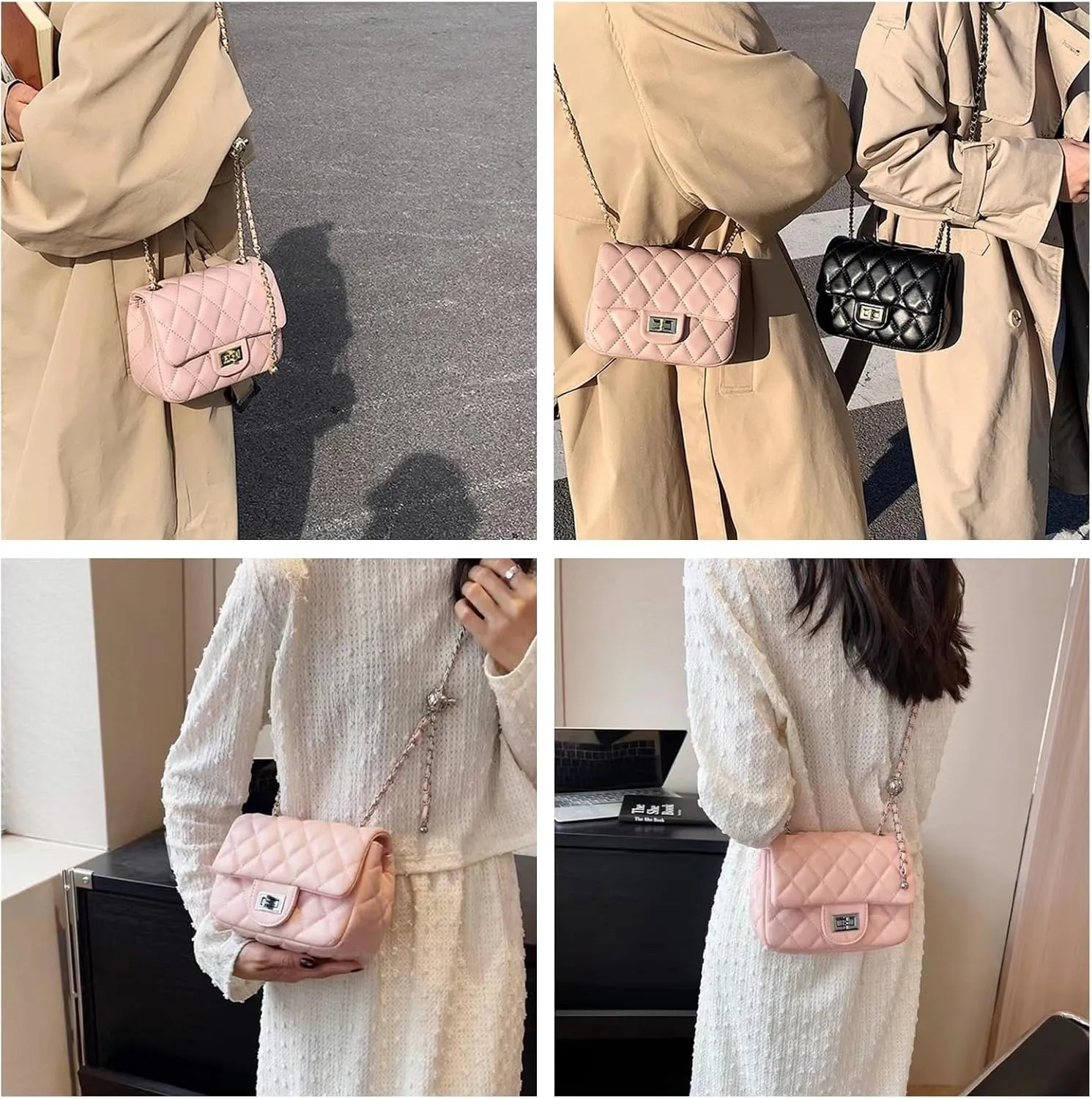 DOTBABY Diamond Chain Shoulder Crossbody Bag, Fashionable Women's Leather Tote Handbag, Adjustable Straps,Buckle Opening