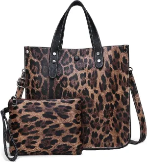 Downupdown Women Handbags and Purse Animal-print Leather Shoulder Bag Satchel Handbag Ladies Tote Bag for Work 2Pcs Set