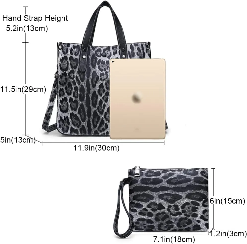 Downupdown Women Handbags and Purse Animal-print Leather Shoulder Bag Satchel Handbag Ladies Tote Bag for Work 2Pcs Set