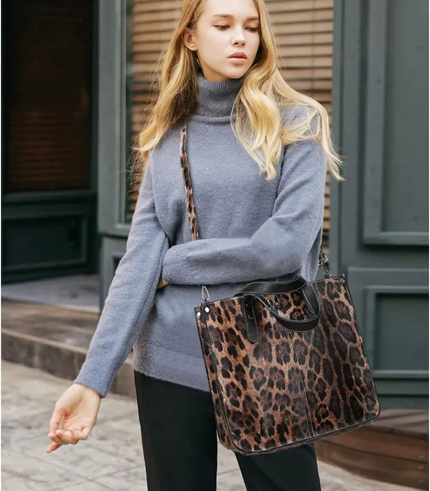 Downupdown Women Handbags and Purse Animal-print Leather Shoulder Bag Satchel Handbag Ladies Tote Bag for Work 2Pcs Set