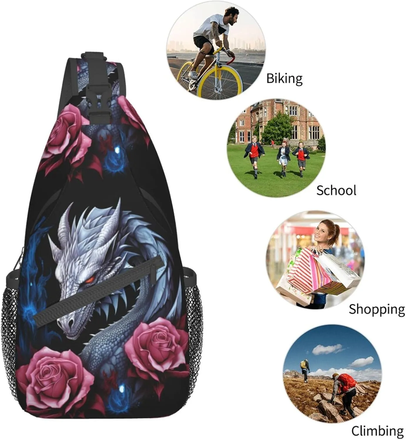 Dragon And Rose Sling Backpack Hiking Backpack Crossbody Bag Sports Lightweight And waterproof Chest Bag Shoulder Bag For Women Men