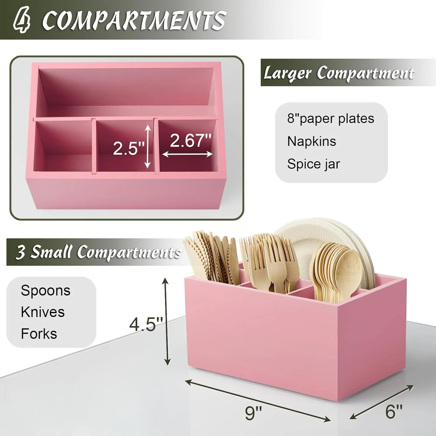 DRASTAR Utensil Caddy, Wooden Picnic Cutlery Organizer, Countertop Plastic Silverware Holder, Pink