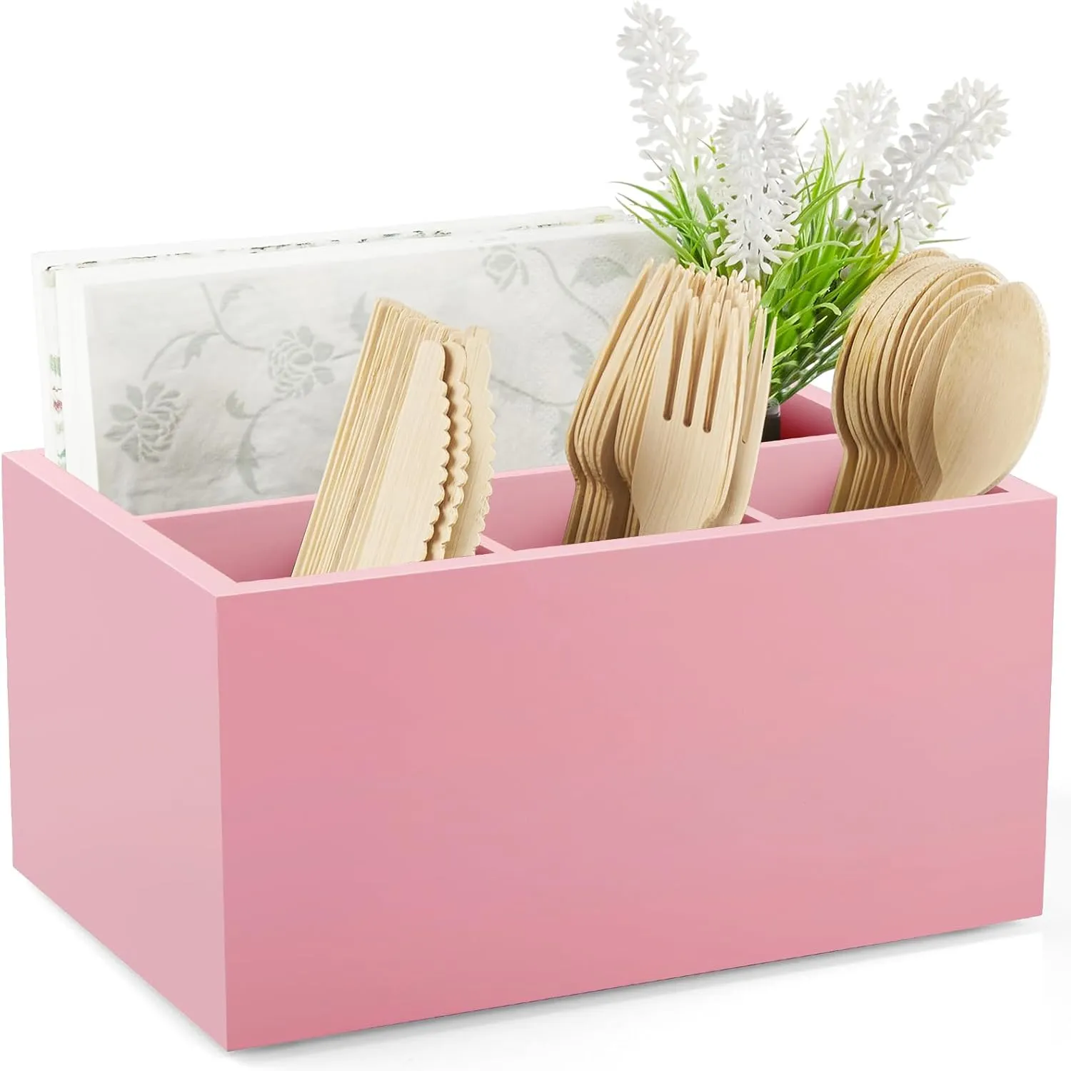 DRASTAR Utensil Caddy, Wooden Picnic Cutlery Organizer, Countertop Plastic Silverware Holder, Pink