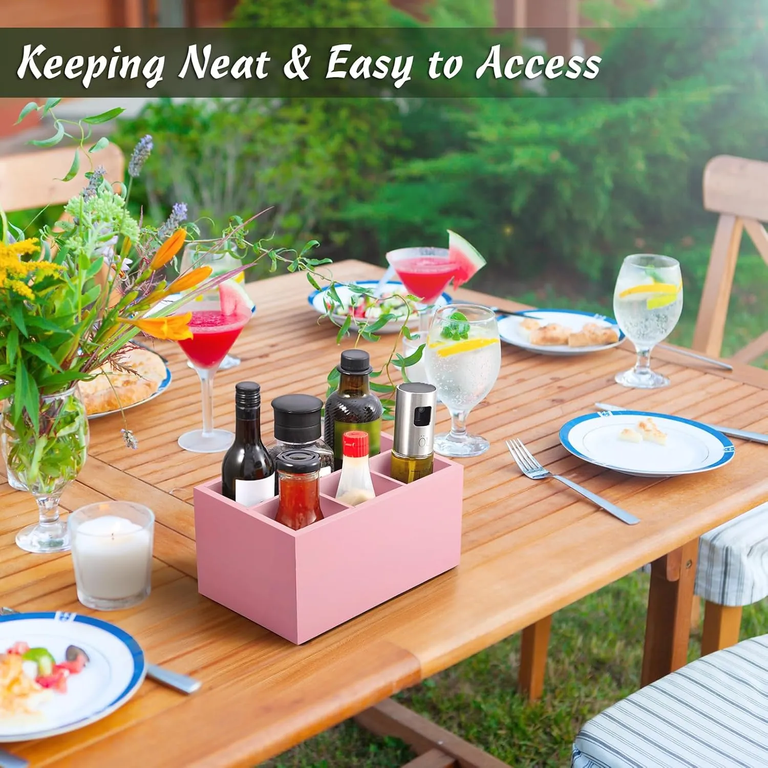 DRASTAR Utensil Caddy, Wooden Picnic Cutlery Organizer, Countertop Plastic Silverware Holder, Pink