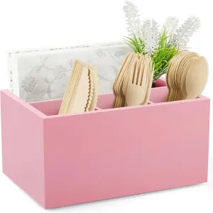 DRASTAR Utensil Caddy, Wooden Picnic Cutlery Organizer, Countertop Plastic Silverware Holder, Pink