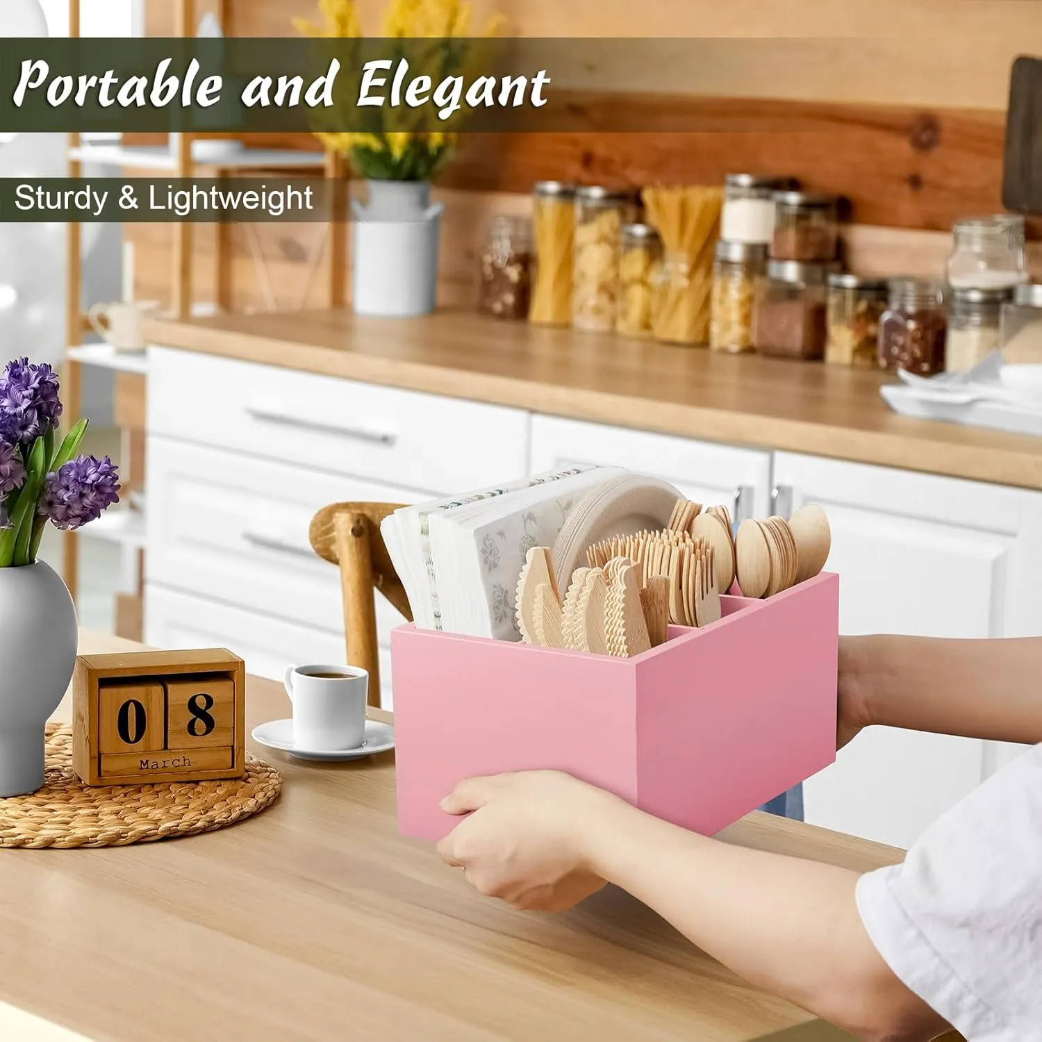 DRASTAR Utensil Caddy, Wooden Picnic Cutlery Organizer, Countertop Plastic Silverware Holder, Pink