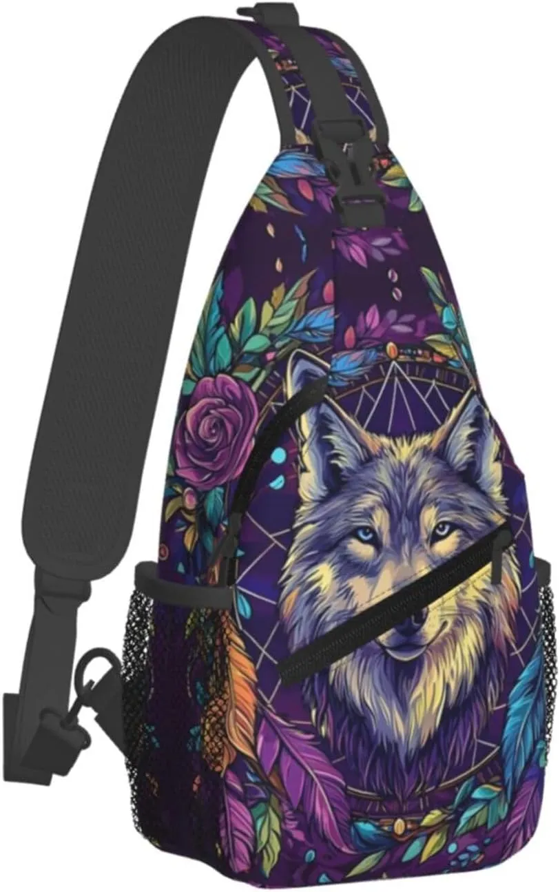 Dream Catcher and Feathered Wolf Crossbody Bag Fitness Sports Travel Hiking Backpack National Culture Chest Bag Shoulder Bag for Women and Men