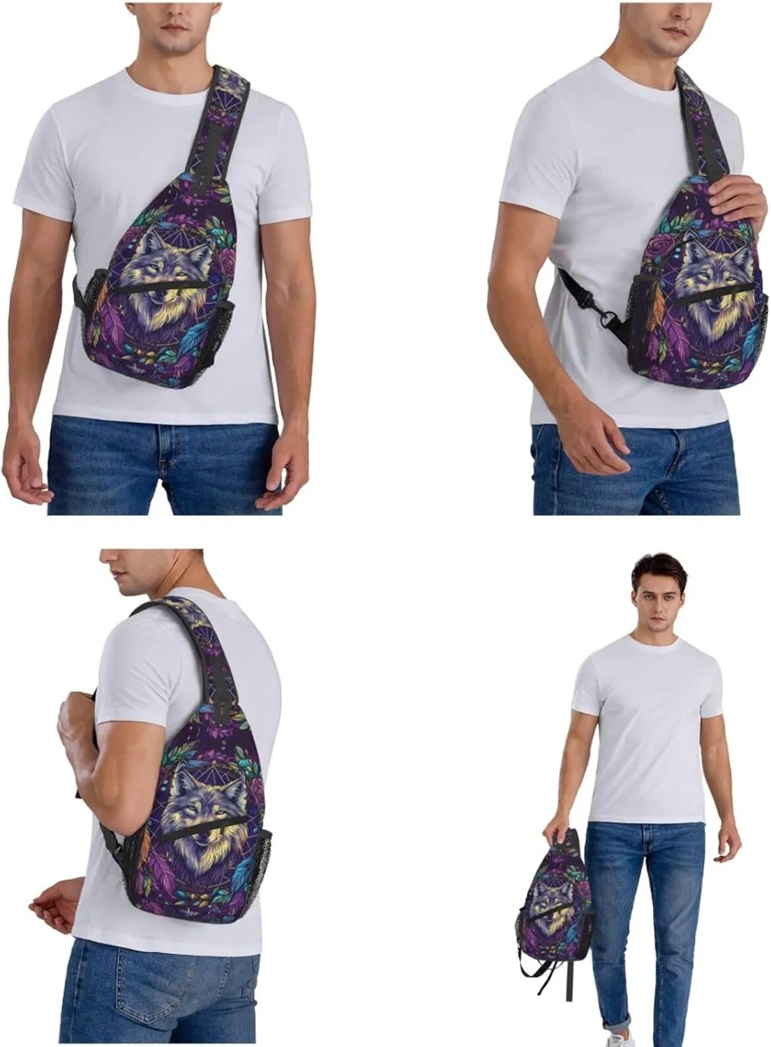 Dream Catcher and Feathered Wolf Crossbody Bag Fitness Sports Travel Hiking Backpack National Culture Chest Bag Shoulder Bag for Women and Men