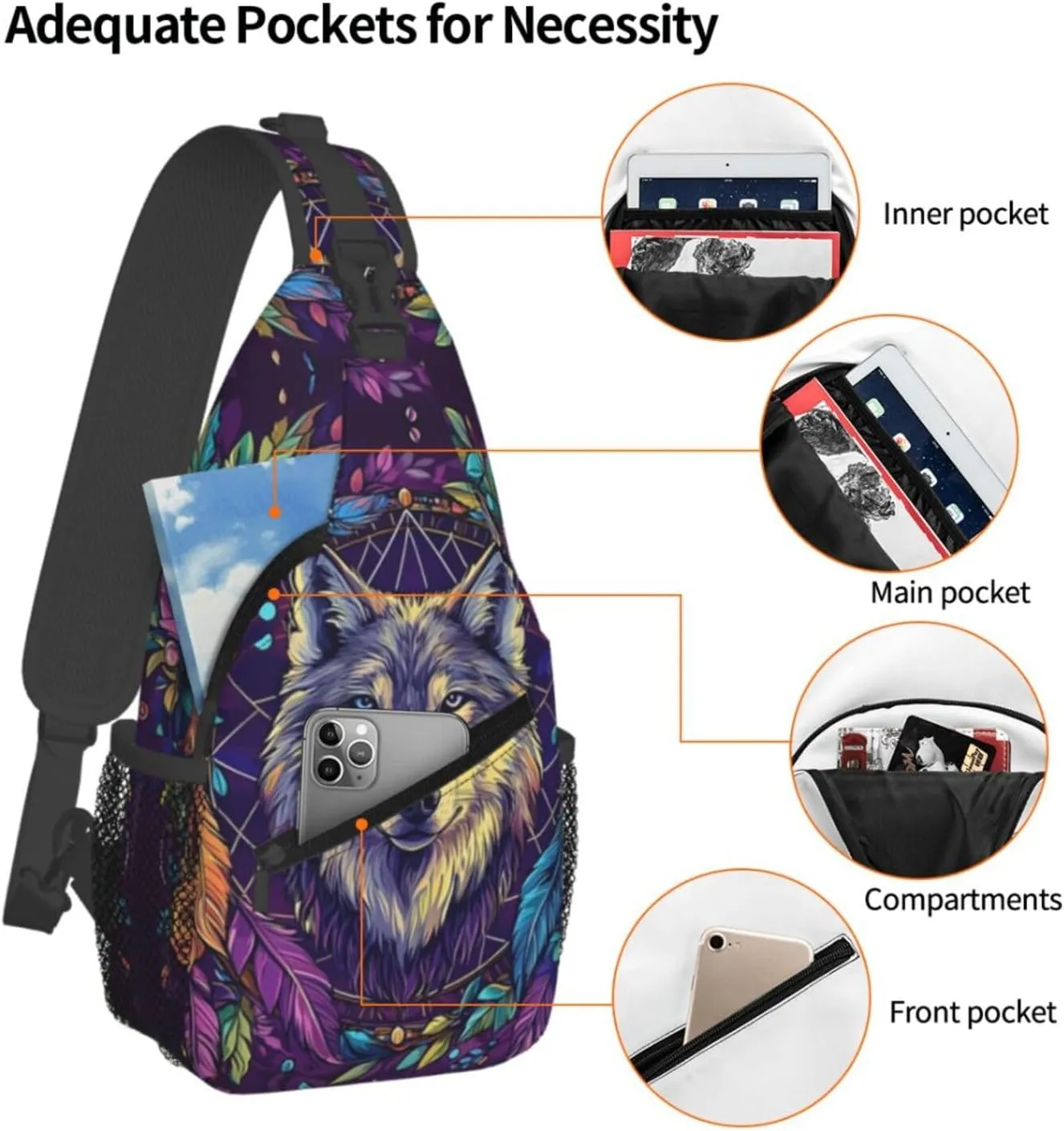 Dream Catcher and Feathered Wolf Crossbody Bag Fitness Sports Travel Hiking Backpack National Culture Chest Bag Shoulder Bag for Women and Men