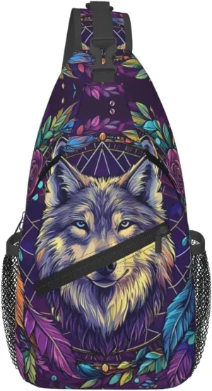 Dream Catcher and Feathered Wolf Crossbody Bag Fitness Sports Travel Hiking Backpack National Culture Chest Bag Shoulder Bag for Women and Men