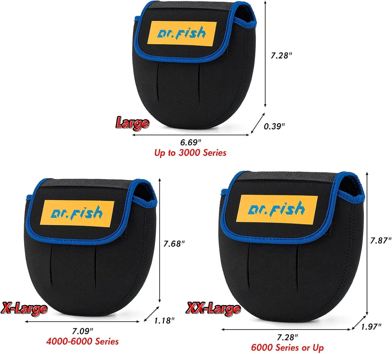Dr.Fish Spinning Fishing Reel Cover, Fits 1000-6000 , Neoprene Protective Bag with Handle Slot, Spinning Reel Storage Case Pouch Accessories Mixed of 3