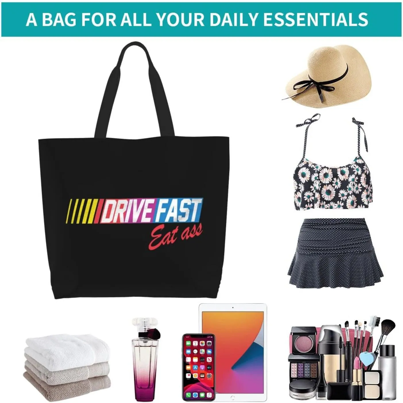Drive Fast Eat Ass Women'S Lightweight Canvas Handbag Waterproof Reusable Shopping Bag
