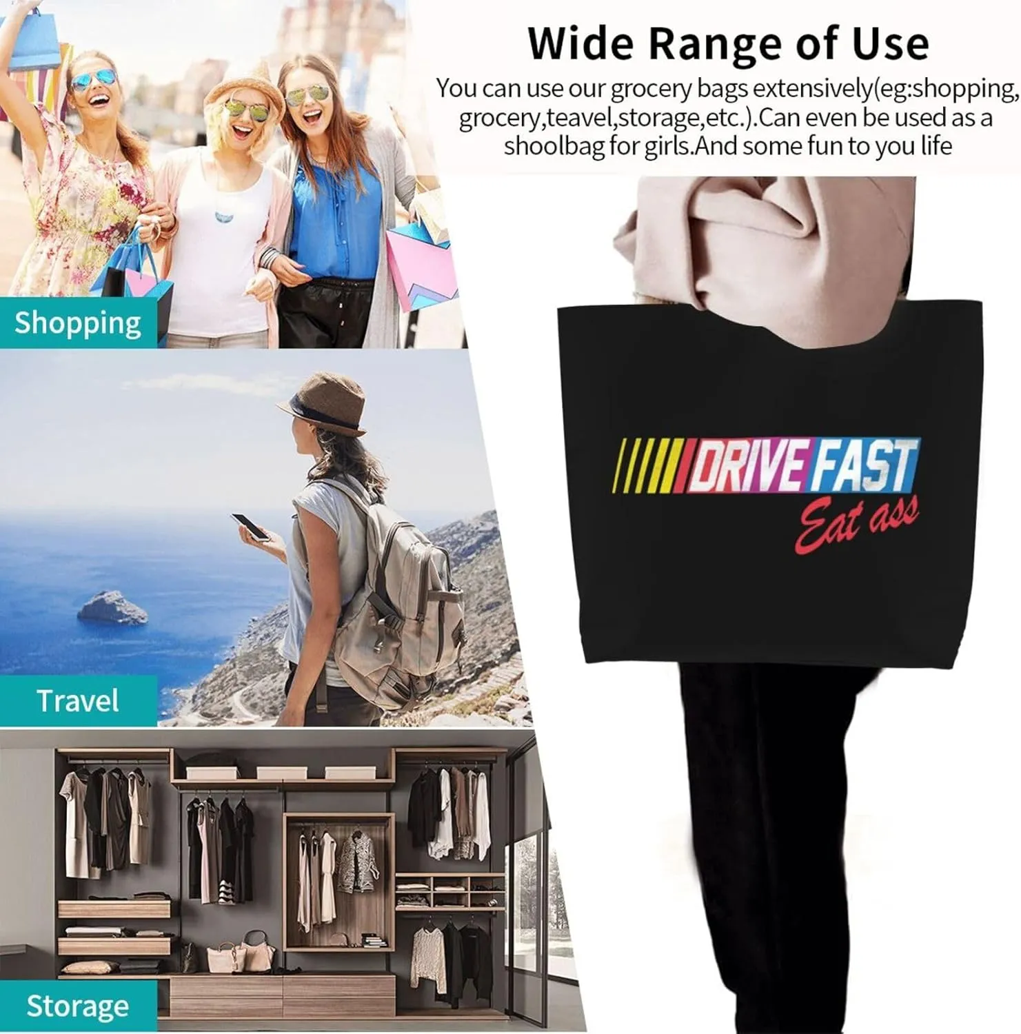 Drive Fast Eat Ass Women'S Lightweight Canvas Handbag Waterproof Reusable Shopping Bag