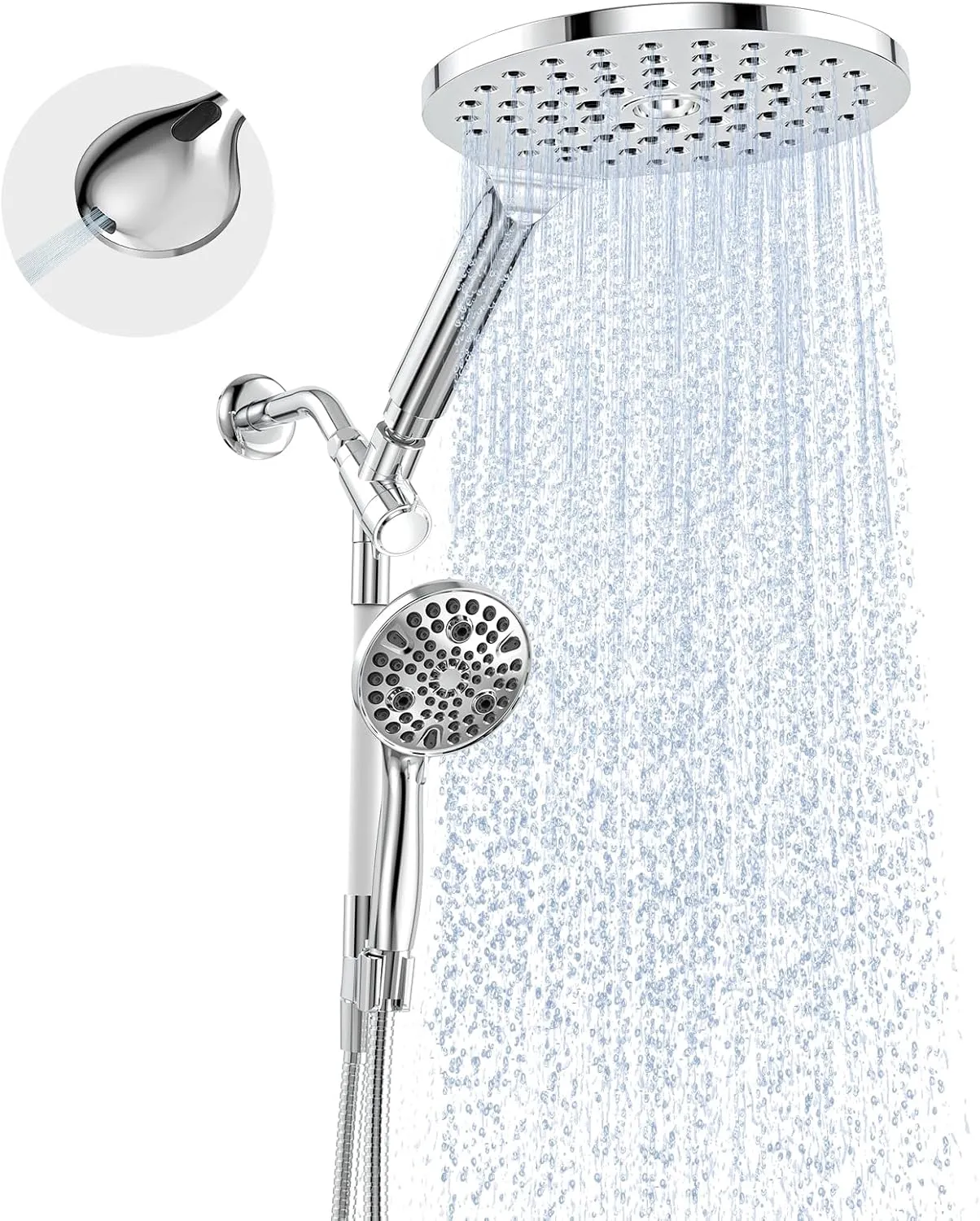 Dual Handheld Shower Head Combo, 2-in-1 Rain Shower Heads System 8 Inch Rainfall Shower Head and 10 Modes High Pressure Hand Held Showerhead with Built-in Power Wash