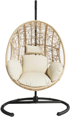 Egg Swing Chair with Stand, Hammock Rattan Lounge Chair, Waterproof and Fade-Resistant High-Density Cushions for Indoor Outdoor, Front and Back Garden, Rain Cover (Natural-Wicker-Foam)