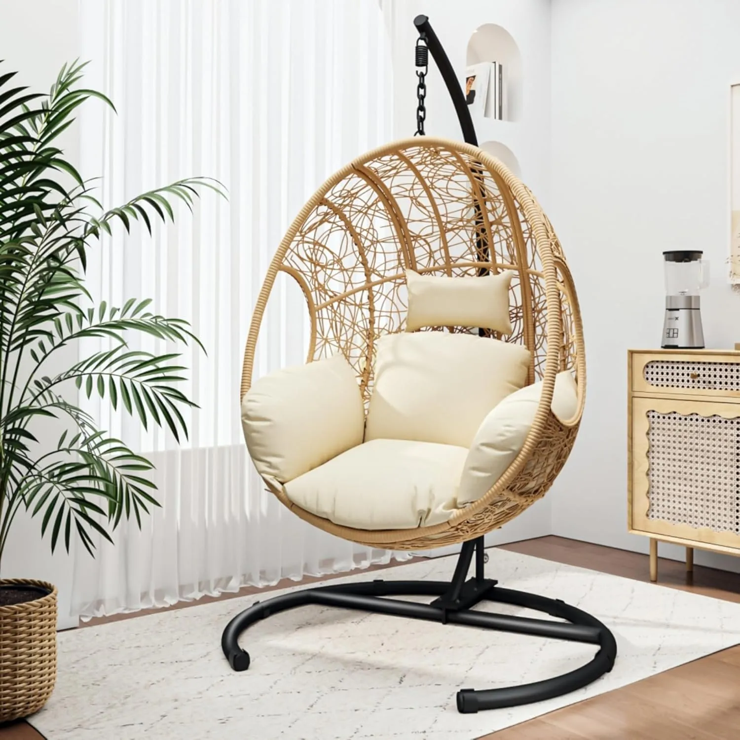 Egg Swing Chair with Stand, Hammock Rattan Lounge Chair, Waterproof and Fade-Resistant High-Density Cushions for Indoor Outdoor, Front and Back Garden, Rain Cover (Natural-Wicker-Foam)