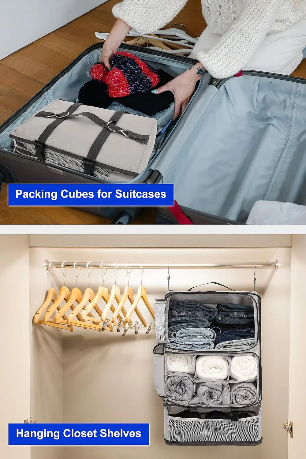 ELEZAY Hanging Packing Cubes Portable Closet 3-Shelf Travel Collapsible Compression Garment Organizer for Carry-on Luggage Suitcase Space Saver Bag XX-Large_No Side Pockets, Lightgrey