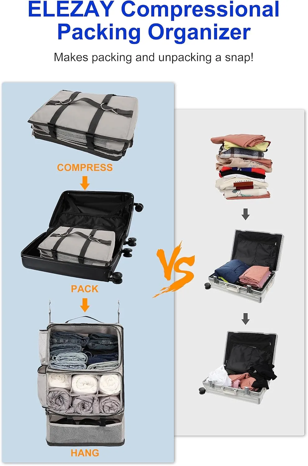 ELEZAY Hanging Packing Cubes Portable Closet 3-Shelf Travel Collapsible Compression Garment Organizer for Carry-on Luggage Suitcase Space Saver Bag XX-Large_No Side Pockets, Lightgrey
