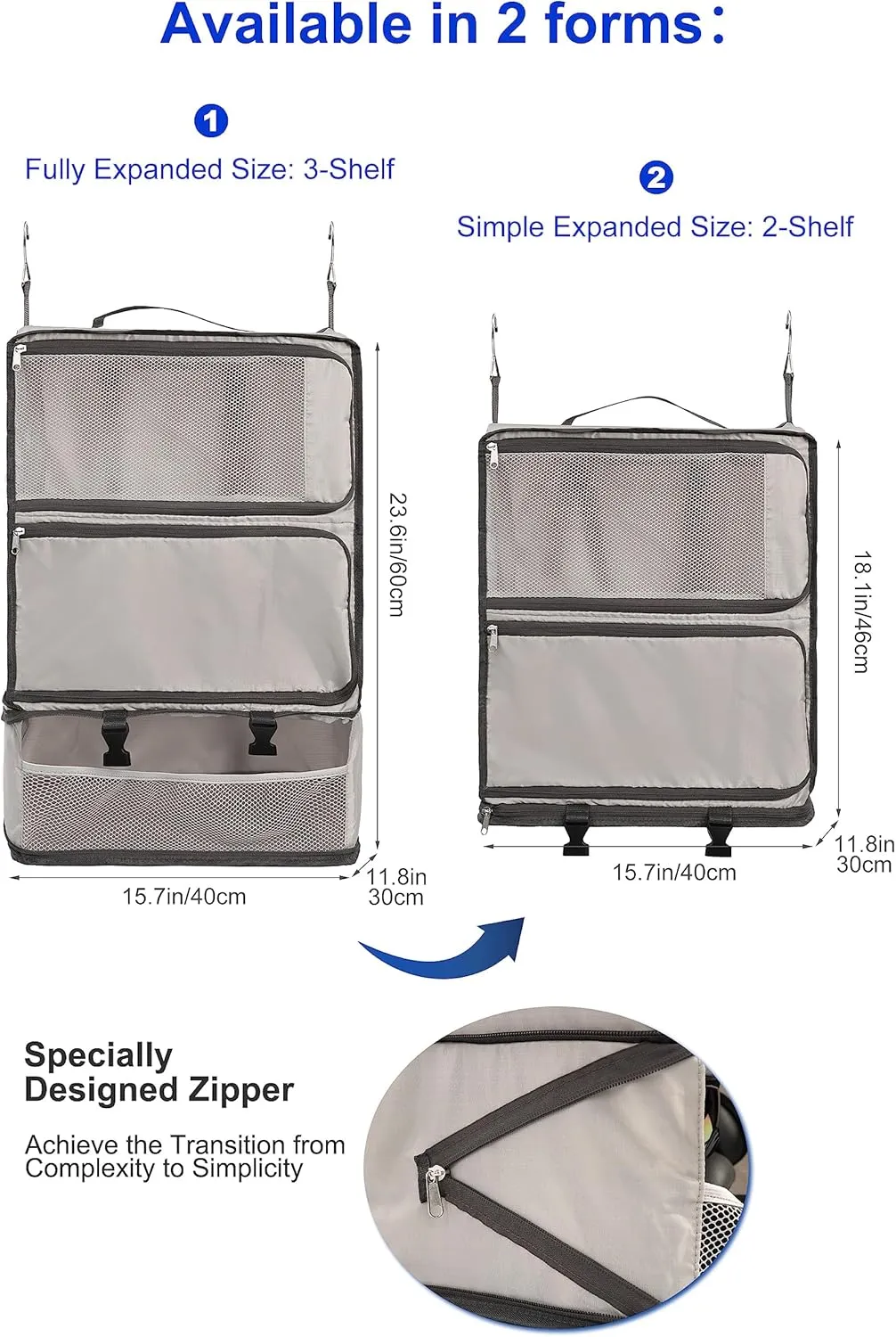 ELEZAY Hanging Packing Cubes Portable Closet 3-Shelf Travel Collapsible Compression Garment Organizer for Carry-on Luggage Suitcase Space Saver Bag XX-Large_No Side Pockets, Lightgrey
