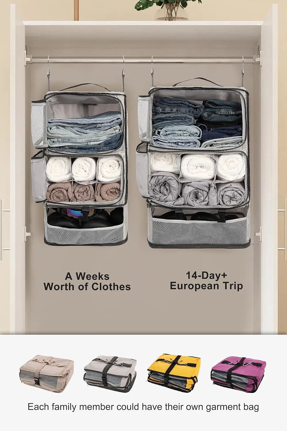 ELEZAY Hanging Packing Cubes Portable Closet 3-Shelf Travel Collapsible Compression Garment Organizer for Carry-on Luggage Suitcase Space Saver Bag XX-Large_No Side Pockets, Lightgrey