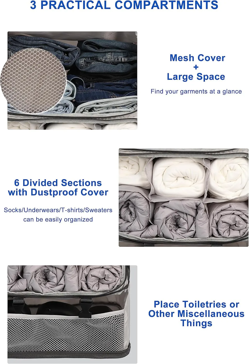 ELEZAY Hanging Packing Cubes Portable Closet 3-Shelf Travel Collapsible Compression Garment Organizer for Carry-on Luggage Suitcase Space Saver Bag XX-Large_No Side Pockets, Lightgrey