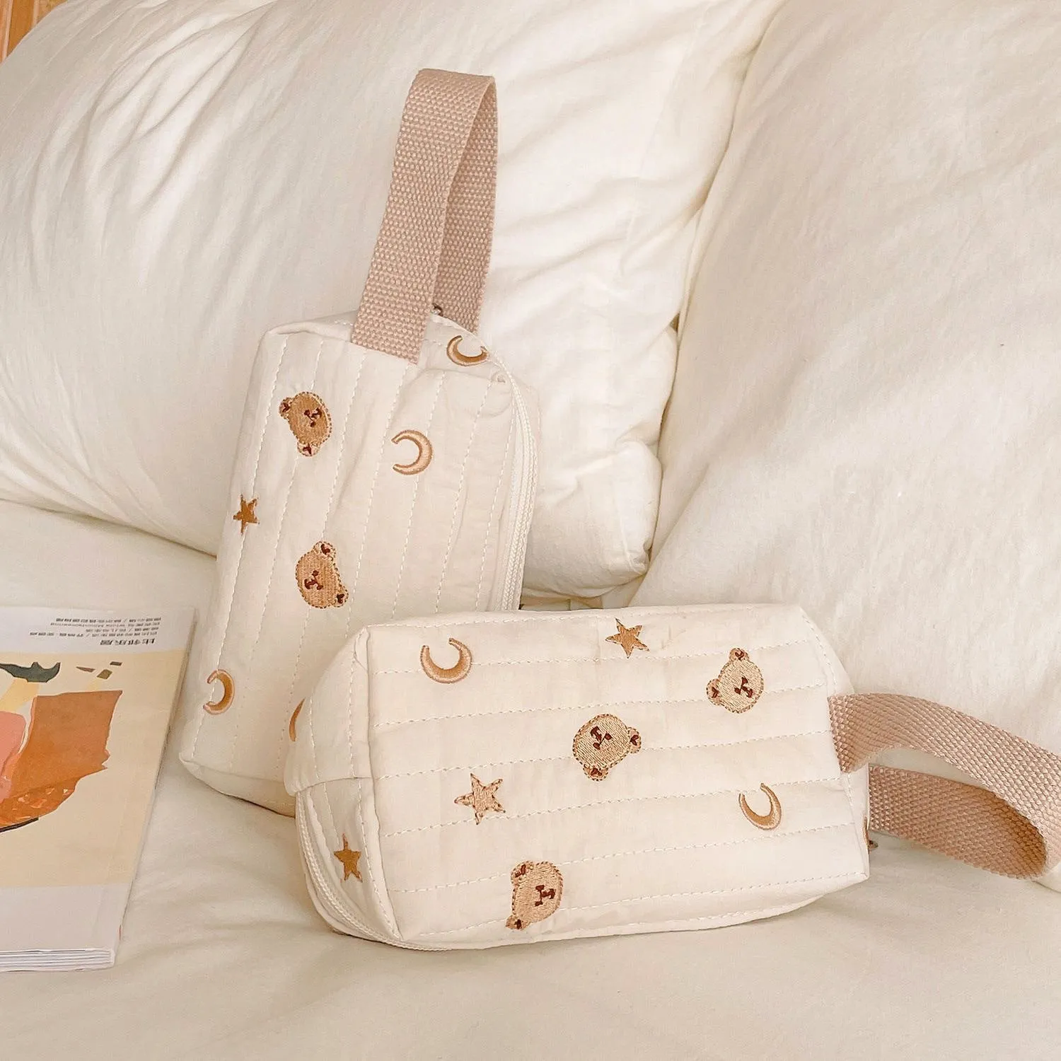 Embroidered Bear Portable Stationery Quilted Cotton Wrist Cream Style Cosmetic Bags