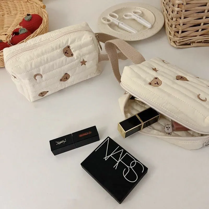 Embroidered Bear Portable Stationery Quilted Cotton Wrist Cream Style Cosmetic Bags