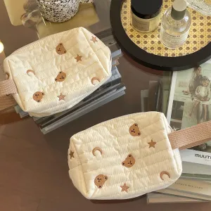 Embroidered Bear Portable Stationery Quilted Cotton Wrist Cream Style Cosmetic Bags