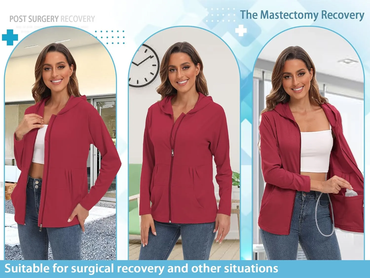 EVERWORTH Post Mastectomy Shirts with Drain Pockets Breast Mastectomy Recovery Must Haves Long Sleeve Zip Up Shirts Clothing