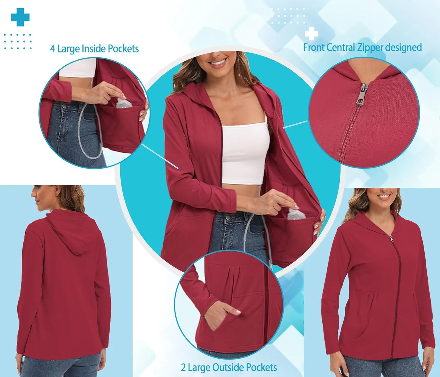 EVERWORTH Post Mastectomy Shirts with Drain Pockets Breast Mastectomy Recovery Must Haves Long Sleeve Zip Up Shirts Clothing