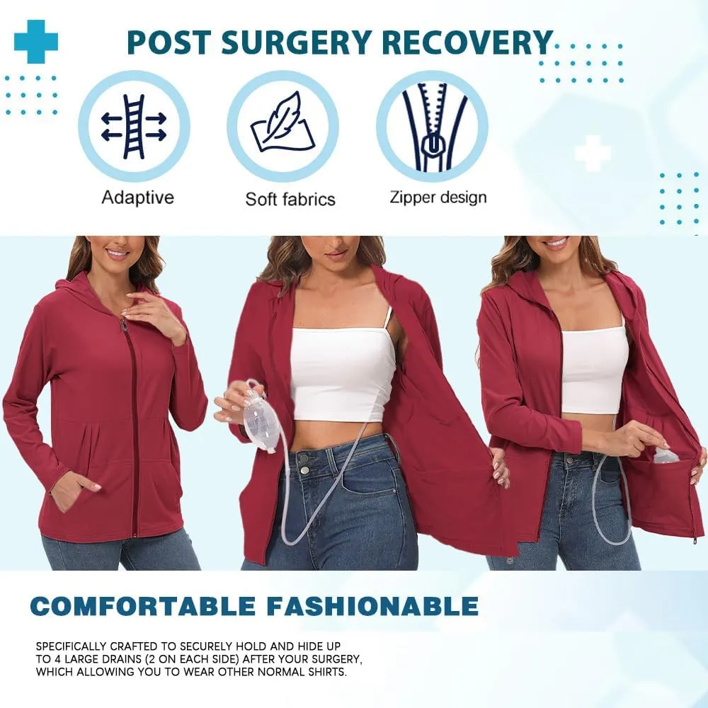 EVERWORTH Post Mastectomy Shirts with Drain Pockets Breast Mastectomy Recovery Must Haves Long Sleeve Zip Up Shirts Clothing