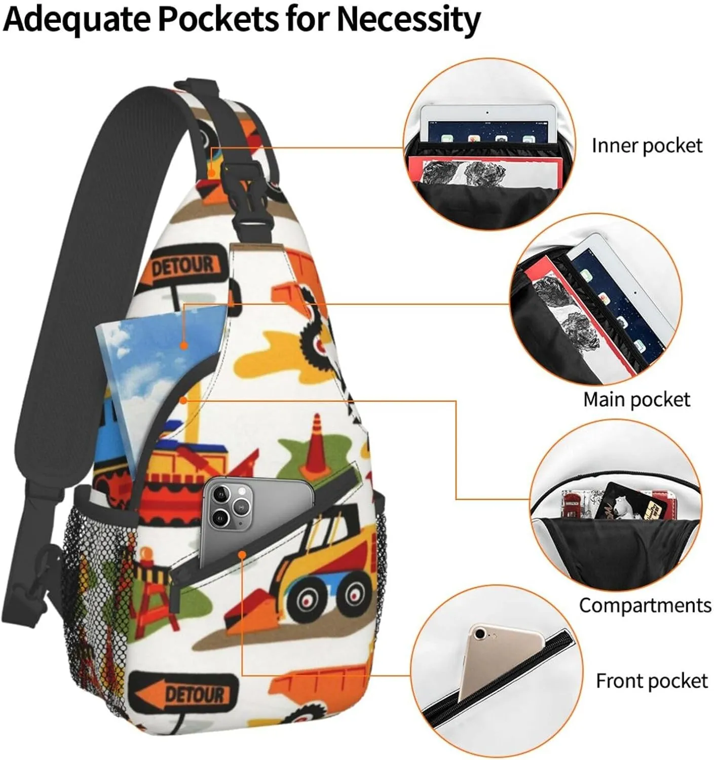 Excavator Tractor Construction Vehicle Bulldozer Truck Crossbody Chest Bag, Unisex Crossbody Bag, Travel, Sports, Hiking And Leisure Backpack