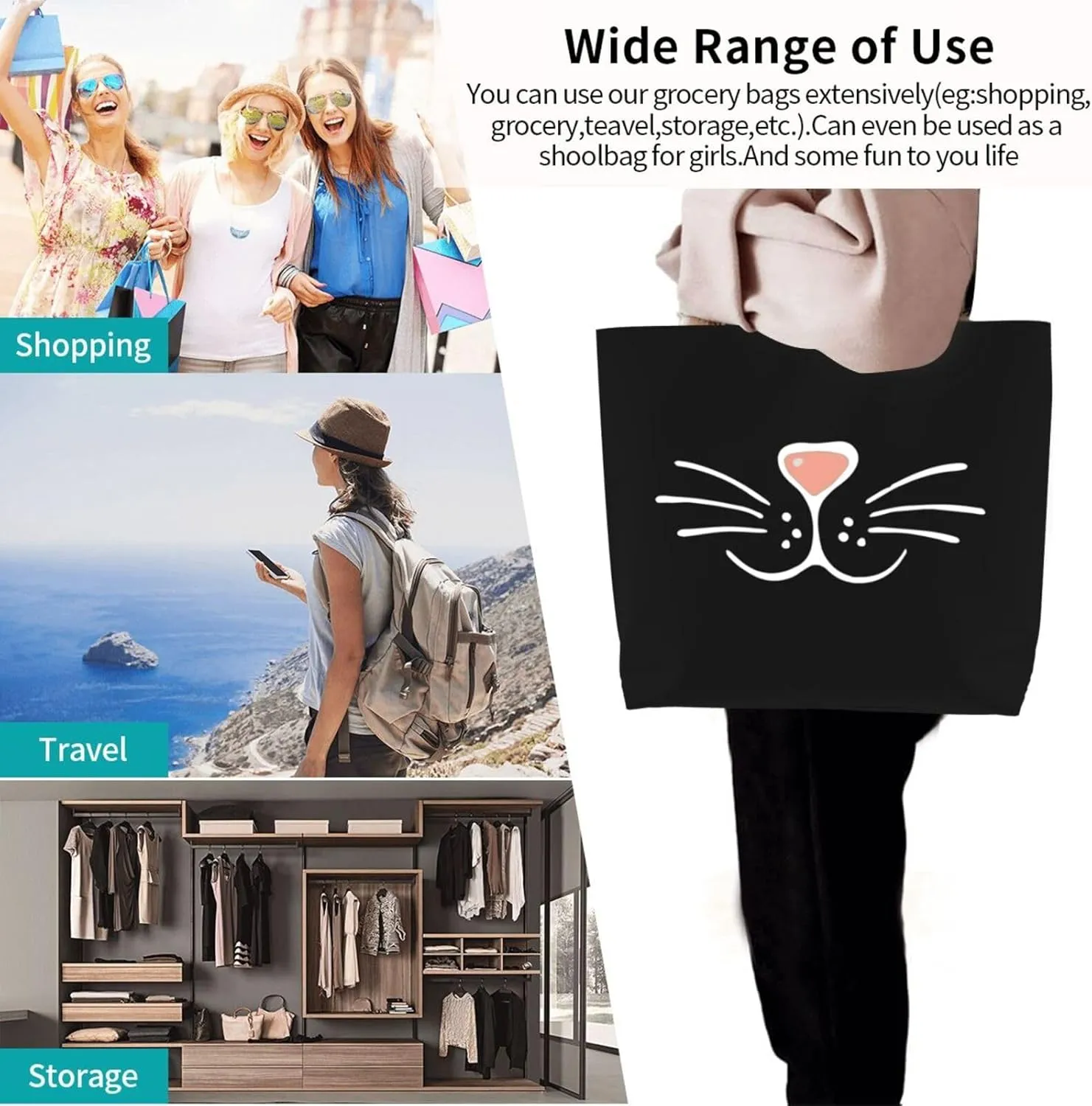Face Mask Cat Nose Women'S Lightweight Canvas Handbag Waterproof Reusable Shopping Bag