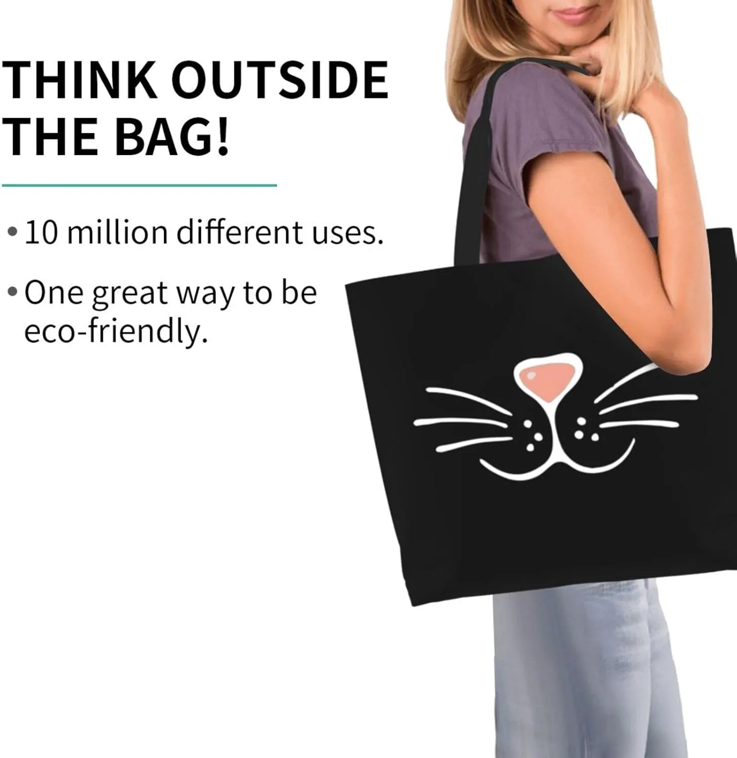 Face Mask Cat Nose Women'S Lightweight Canvas Handbag Waterproof Reusable Shopping Bag