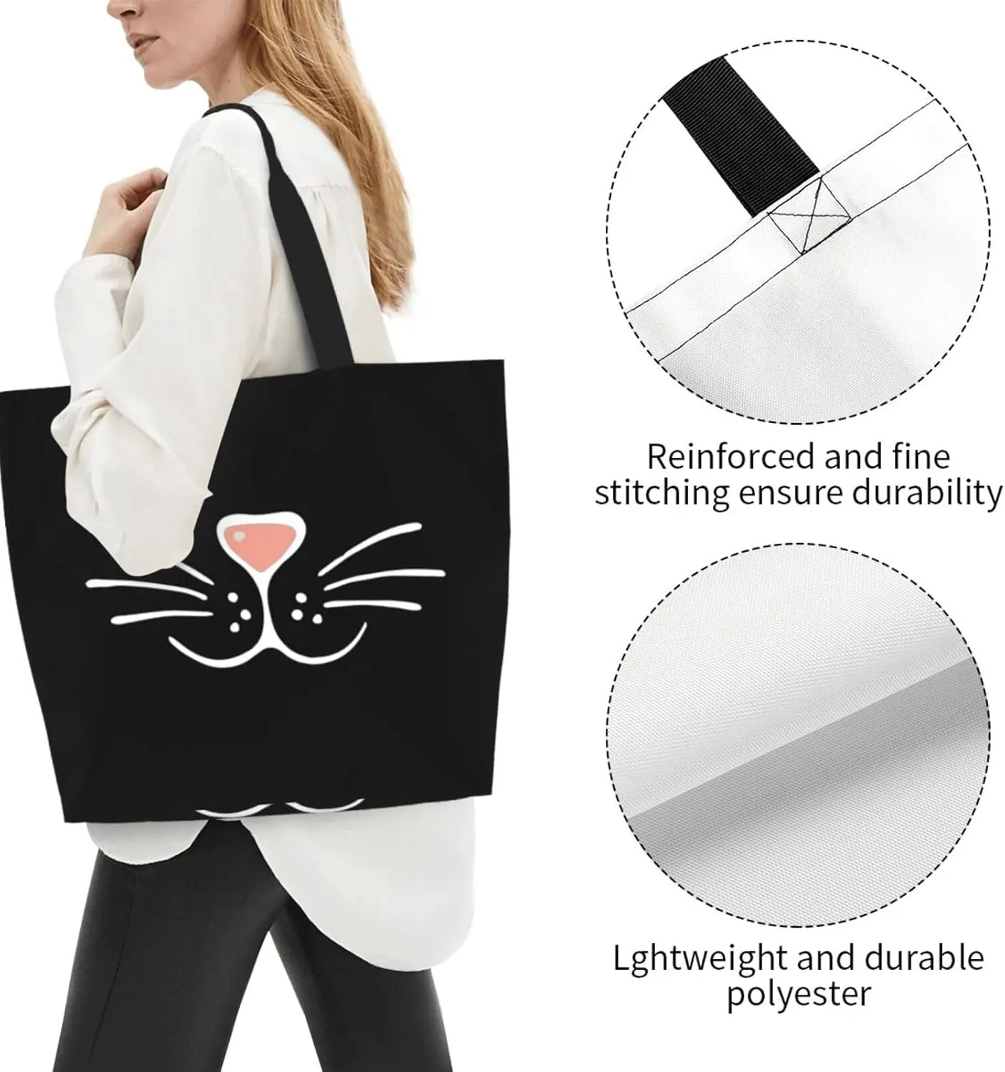 Face Mask Cat Nose Women'S Lightweight Canvas Handbag Waterproof Reusable Shopping Bag