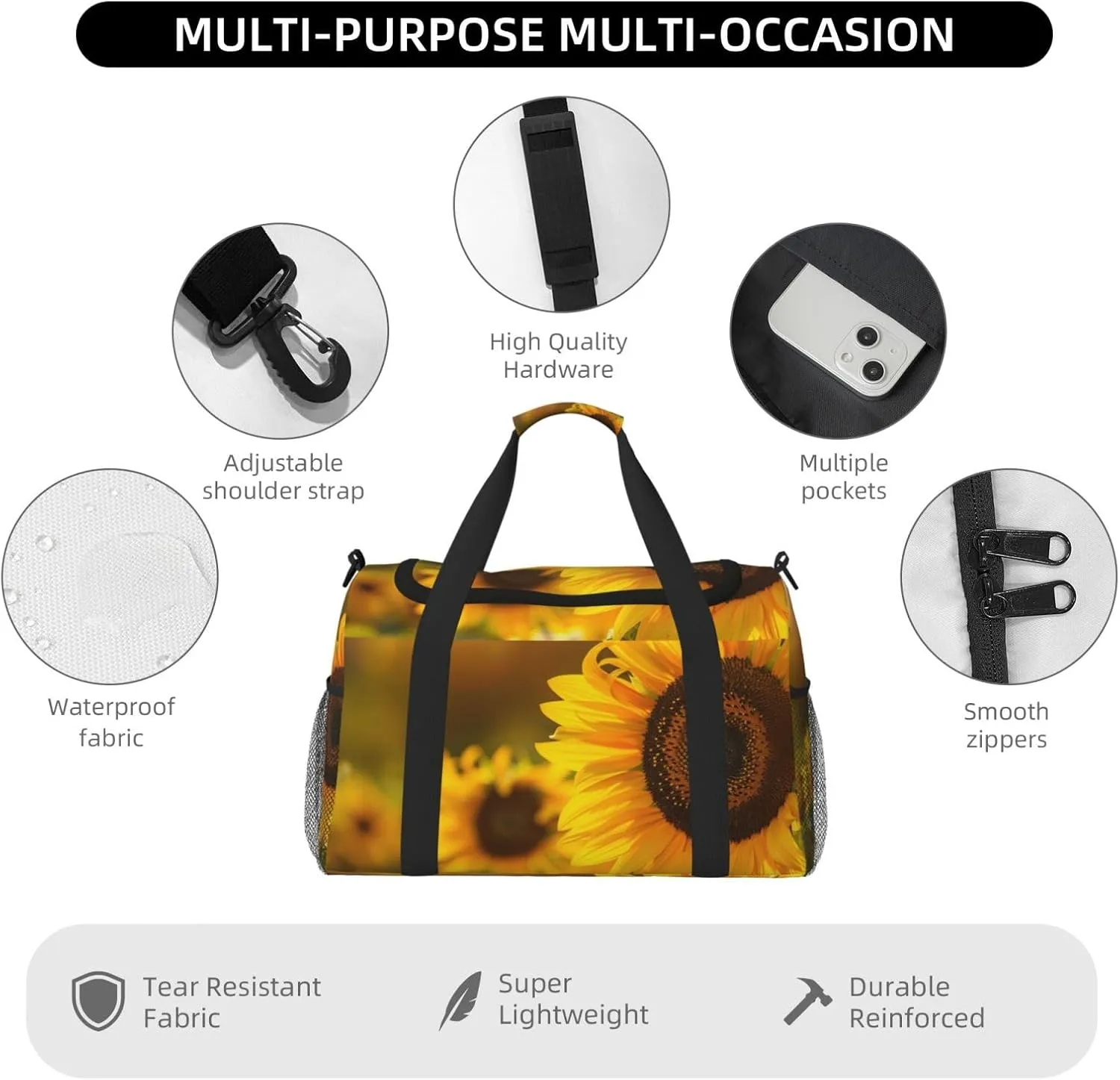 Fall Sunflowers Big Capacity Sports Gym Bag Portable Travel Duffle Bag, Autumn Floral Lightweight Weekender Workout Bag for Overnight, Unisex