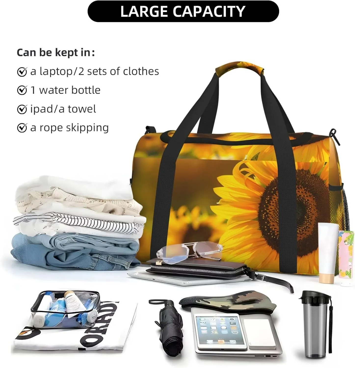 Fall Sunflowers Big Capacity Sports Gym Bag Portable Travel Duffle Bag, Autumn Floral Lightweight Weekender Workout Bag for Overnight, Unisex