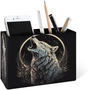 Famame Howling Wolf Moon Pencil Holder for Desk, Leather Desktop Container Pen Cup Storage Study Table Pen Organizer Makeup Brush Holder for Classroom Office Home