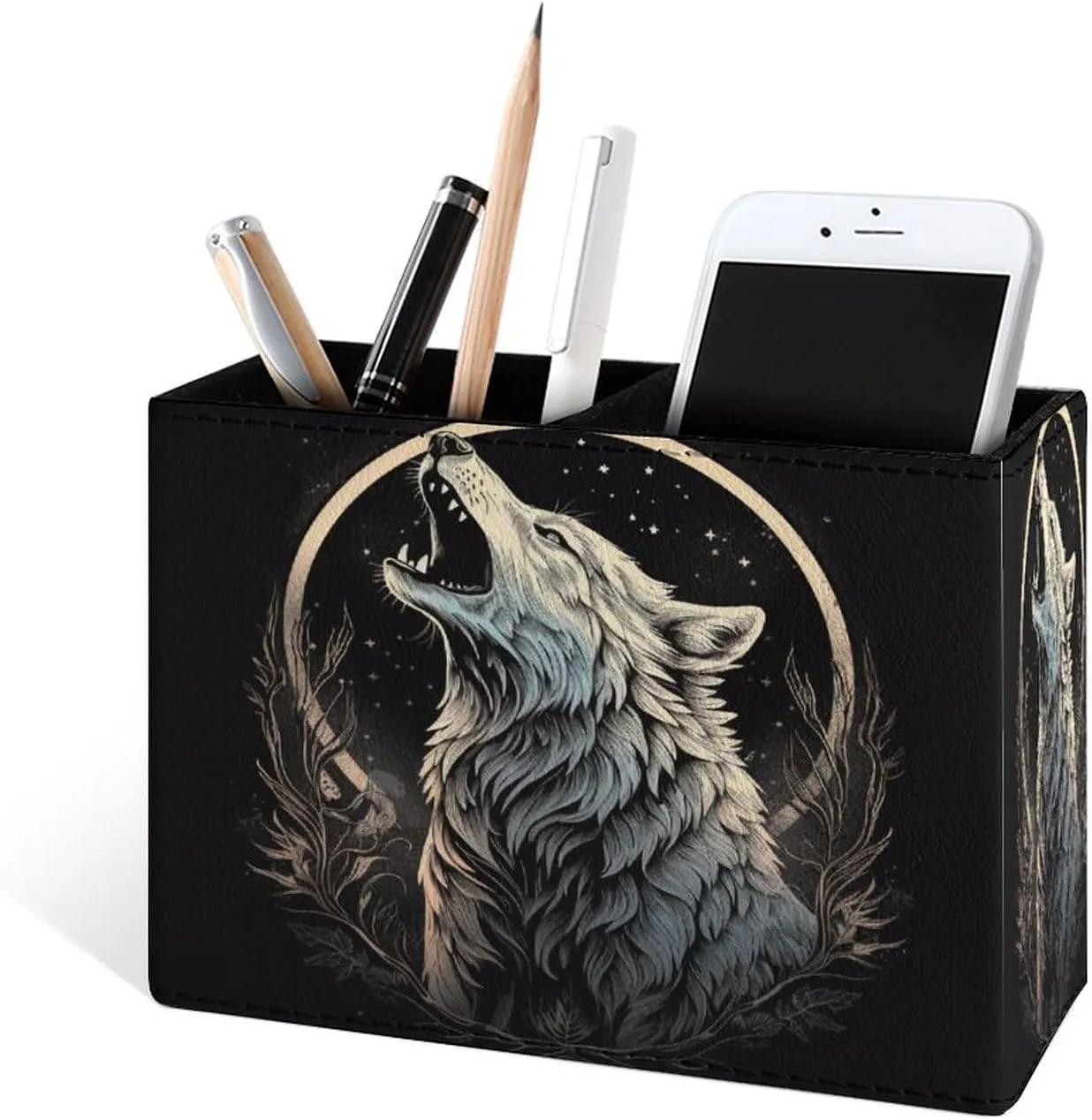 Famame Howling Wolf Moon Pencil Holder for Desk, Leather Desktop Container Pen Cup Storage Study Table Pen Organizer Makeup Brush Holder for Classroom Office Home