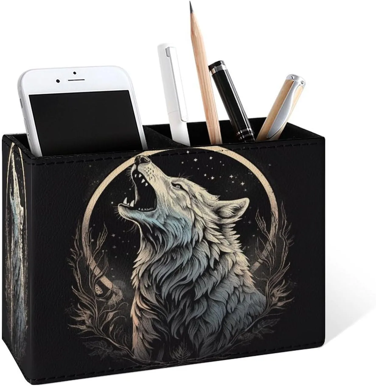 Famame Howling Wolf Moon Pencil Holder for Desk, Leather Desktop Container Pen Cup Storage Study Table Pen Organizer Makeup Brush Holder for Classroom Office Home