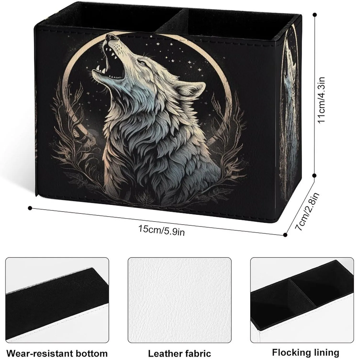 Famame Howling Wolf Moon Pencil Holder for Desk, Leather Desktop Container Pen Cup Storage Study Table Pen Organizer Makeup Brush Holder for Classroom Office Home