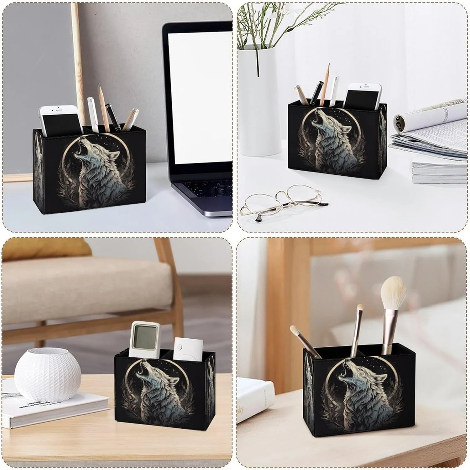 Famame Howling Wolf Moon Pencil Holder for Desk, Leather Desktop Container Pen Cup Storage Study Table Pen Organizer Makeup Brush Holder for Classroom Office Home