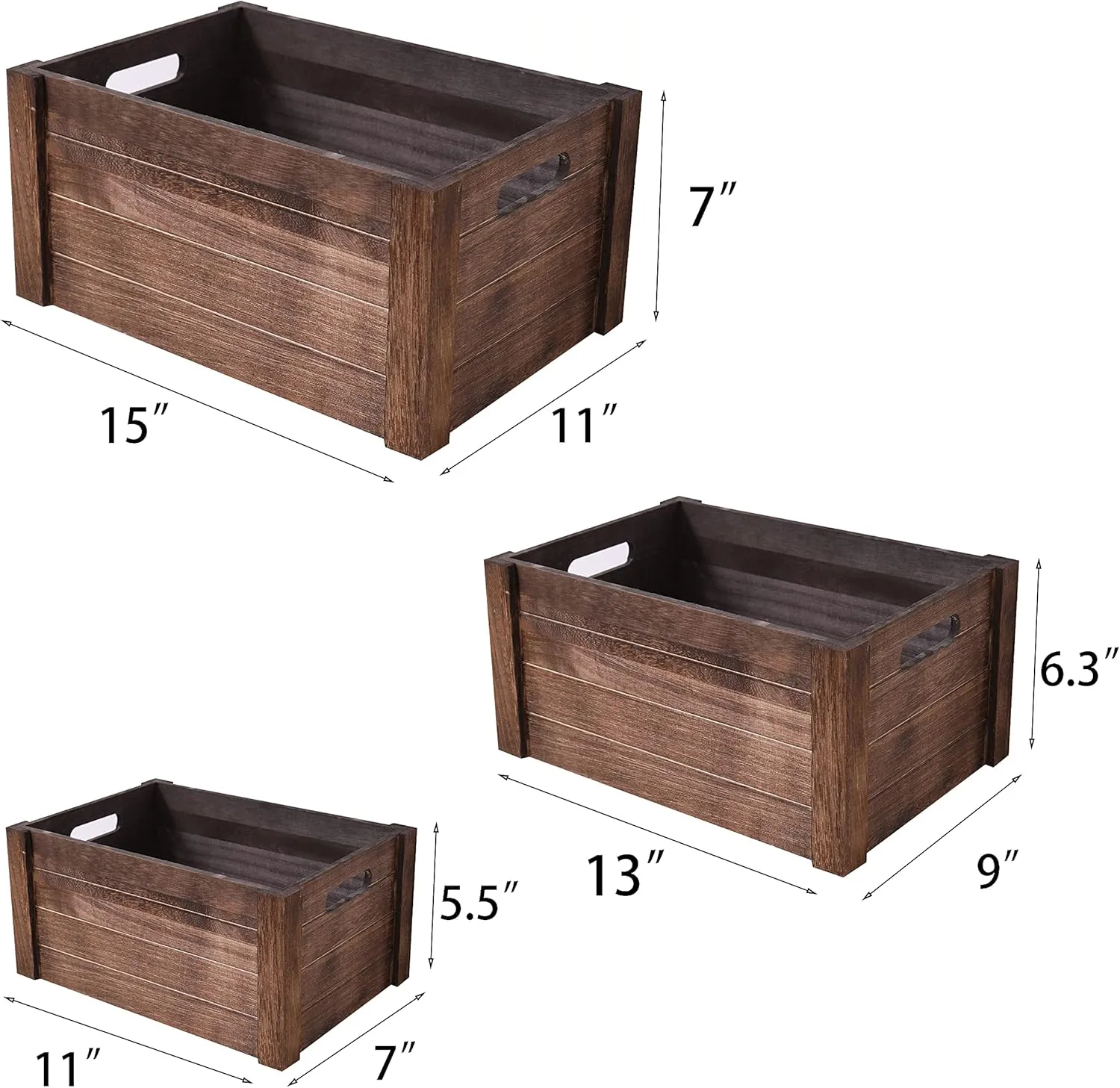 Farmhouse Antique Black Wooden Crate for storage,Rustic Decorative Boxes,Set Of 3 Extra Large Nesting Wooden Storage Crates For display ,Handmade Natural Solid Wood Box (Rustic Black)